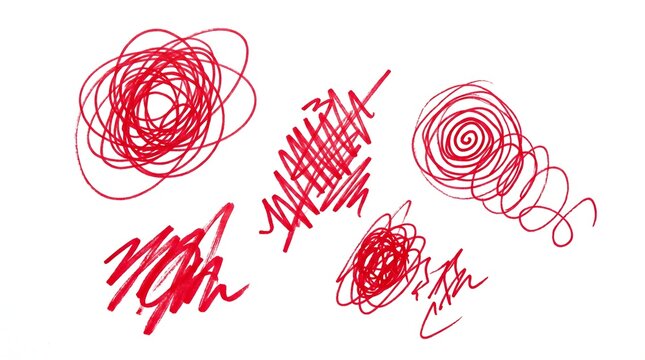 Hand-drawn red scribble doodles and abstract swirls on white background for creative design projects or Minimalist abstract red line art for graphic design and branding use.