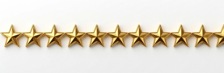 Fototapeta premium Seven glossy golden five pointed stars in straight horizontal row on white background. Shiny metallic icons represent high rating, premium quality, best customer review, top success five star service