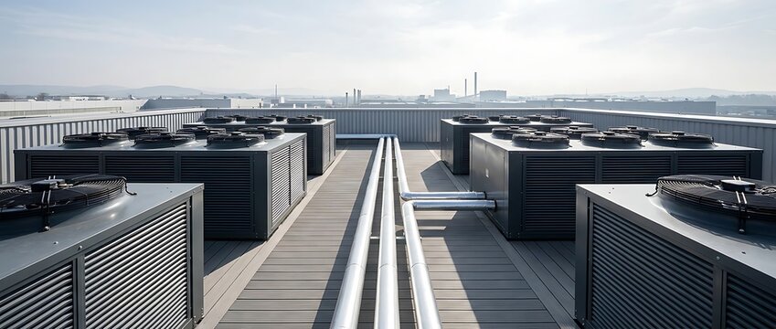 Rooftop commercial hvac systems with metallic piping arranged for industrial building cooling purpose in bright daylight under clear sky panoramic wide landscape.