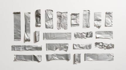 Fototapeta premium Collection of Silver Duct Tape Strips on White Background.