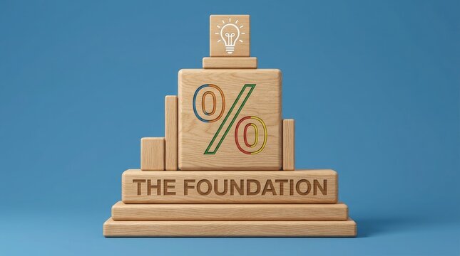 A wooden sculpture of a foundation with a percentage sign and light bulb on top