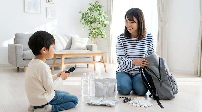 Asian mother and son packing emergency survival kit with gray backpack water bottles flashlight and protective gloves for natural disaster preparedness planning.