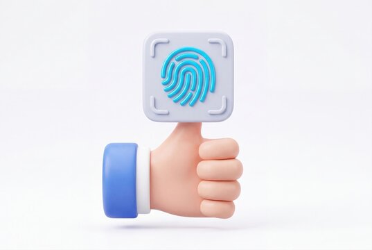 3D hand icon showing thumbs up with a digital fingerprint biometric scanner