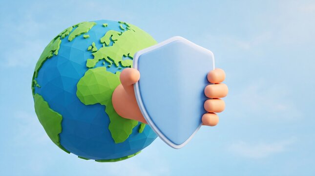 3D hand holding a protective shield in front of a globe representing global security