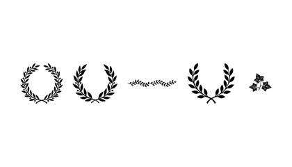 Fototapeta premium Laurel Wreath and Olive Branch Border Vector Icon Set with Solid Black Silhouettes of Victory Crowns, Vignette Dividers, and Ivy Leaves