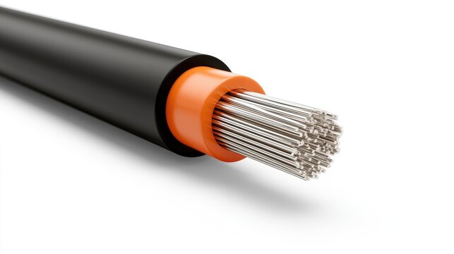 Close-up view of a cut electrical cable showing copper wires and insulation.