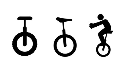 Unicycle and Extreme Sport Balance Vector Icon Set with Solid Black Silhouettes of Single Wheel Bikes and Person Riding Monocycle © Ashik 