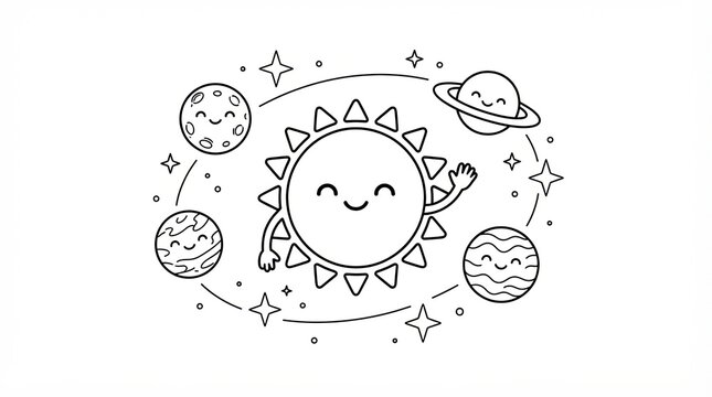 Cute cartoon sun and planets in space coloring page