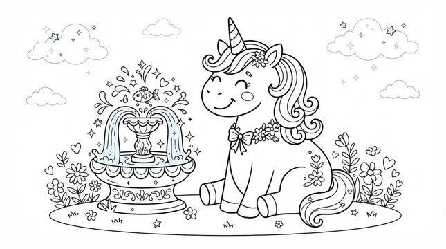 Cute unicorn sitting by a magical water fountain in a garden