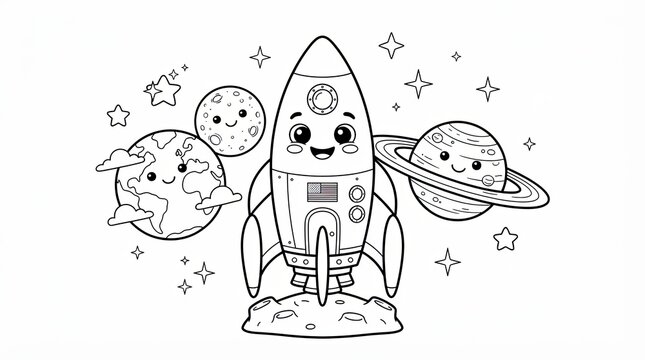 Cute cartoon rocket ship with planets and stars for kids coloring page