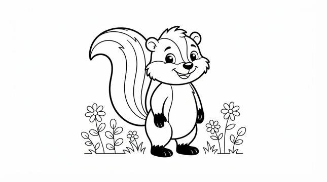 Cute cartoon skunk standing in a flower garden coloring page for kids