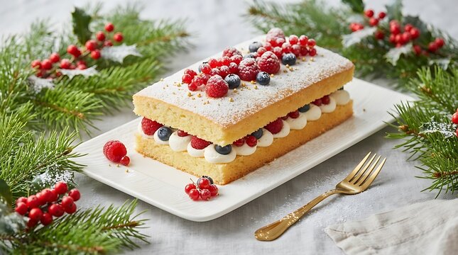 Delicious layered cake with berries on white plate