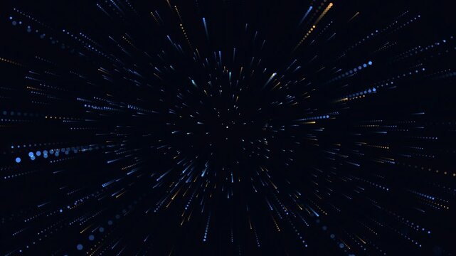 Abstract motion graphic with light trails and blue particles moving rapidly through space creating dynamic tunnel effect for futuristic science fiction visuals.