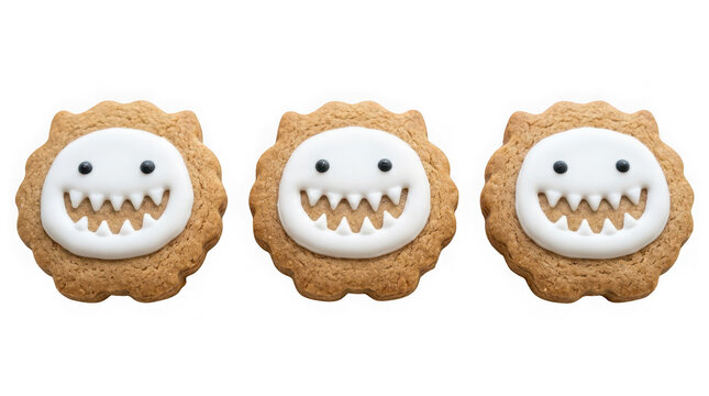 Three cute monster gingerbread cookies with white icing faces and sharp teeth isolated on transparent background