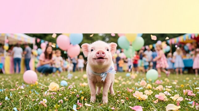 にっこり笑う可愛い子豚と賑やかな野外イベント（コピースペースあり）