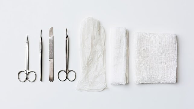 Medical Surgical Instruments and Gauze Pads on White Background.
