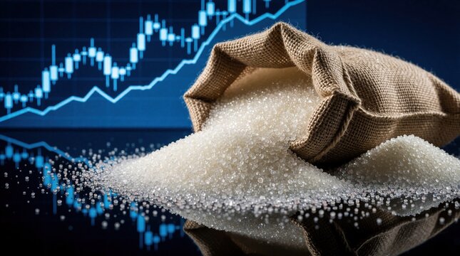 Sugar spills from burlap sack onto reflective surface against blue financial chart. Raw commodity market analysis, price fluctuation, economic trends, industry growth.