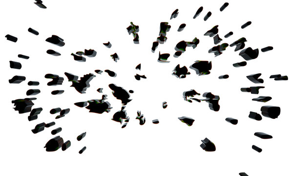Abstract black 3d exploding particles and shards shattering outward isolated on transparent background