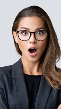 Young professional woman in blazer and glasses expressing surprise with wide open mouth and eyes against neutral background in portrait format