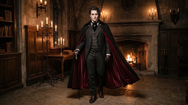 Elegant Vampire Man Wearing Black Suit and Red Cape in Gothic Mansion