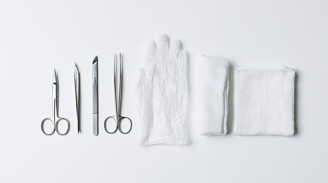 Medical Surgical Instruments and Supplies Laid Out Flat.
