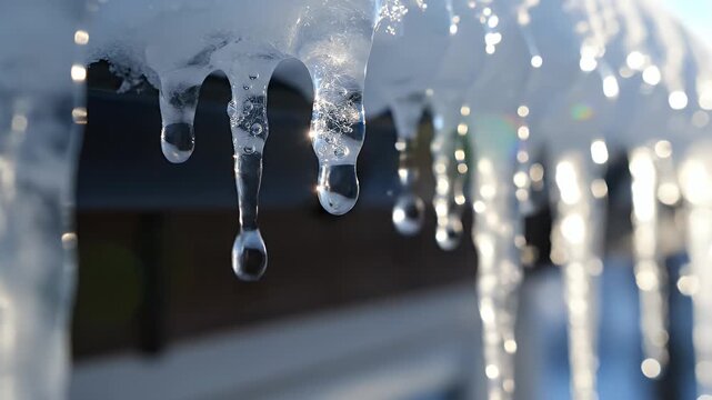 Close-up of dripping icicles in sunlight, symbolizing winter thaw and changing seasons.