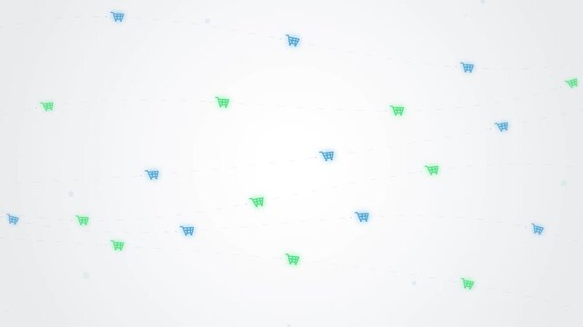 Abstract background of scattered blue and green shopping cart icons, suggesting online retail, e-commerce, and consumerism in a minimalist digital design