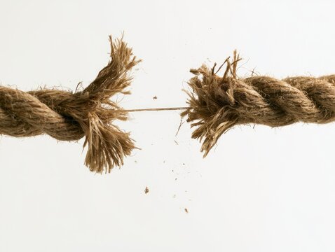Close-up of a frayed rope breaking apart against a white background.