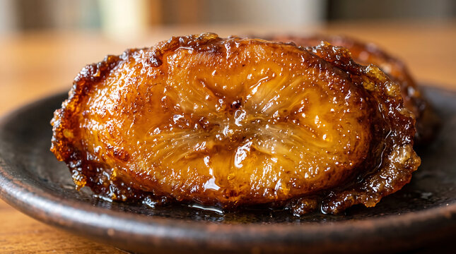 Golden Caramelized Fried Sweet Plantain Slice Close-Up