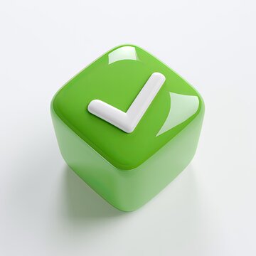 Green Check Mark Cube Symbolizing Success and Completion.