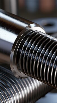 Detailed view of shiny metallic threaded rods with polished surfaces reflecting light in an industrial setting showing engineering precision and craftsmanship