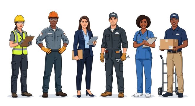 Professional workforce representation showing a diverse group of essential industry workers standing together in uniform