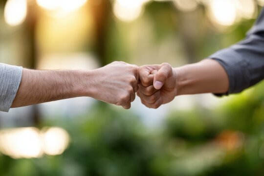Two people greeting each other with a fist bump outdoors with a blurred natural background symbolizing friendship and connection