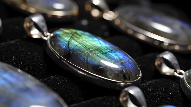 Close-up of exquisite labradorite gemstone pendants, showcasing iridescent blue and green flashes in silver settings