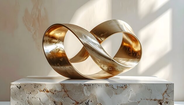 Elegant Golden Abstract Sculpture on Marble Base.