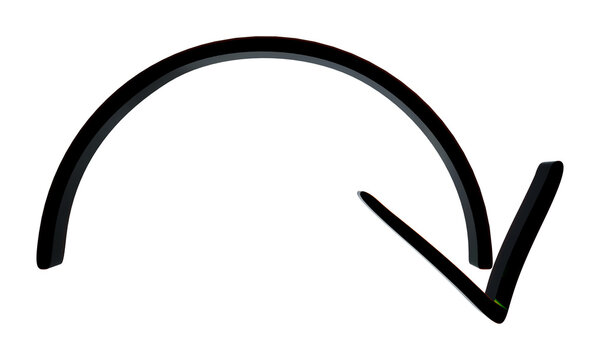 Black curved arrow icon pointing down, arch direction pointer isolated on transparent background