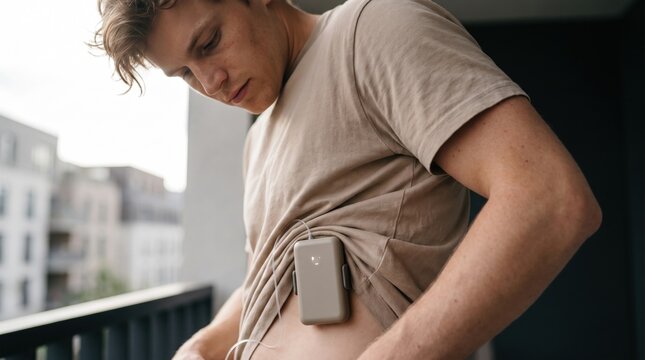 Freckled young man examining a tubed insulin delivery pump clipped near his abdomen by an urban balcony, illustrating discreet diabetes therapy, wearable support, and confident daily independence