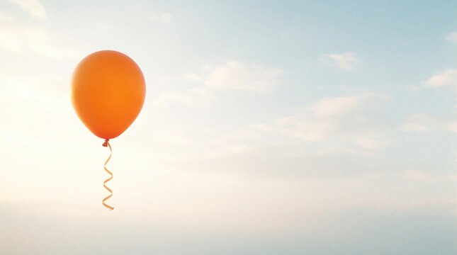 Single orange balloon ascends into the soft sky with gentle clouds. Its ribbon curls as it floats upward against the bright, airy expanse, symbolizing freedom and optimism.