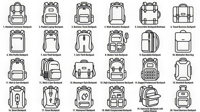 Collection of various backpack and bag designs in black and white line art style.