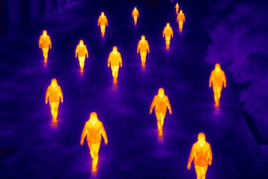 People walking visible in thermal imaging on pedestrian walkway