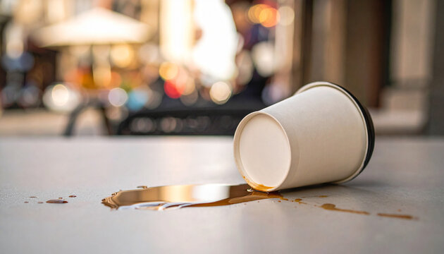 Tipped Over Coffee Cup with Spill on Outdoor Table