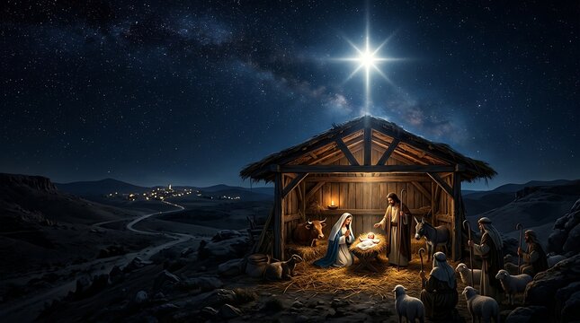 Nativity scene with baby jesus, mary, joseph, and animals under the star of bethlehem in a stable at night with a starry sky and distant village