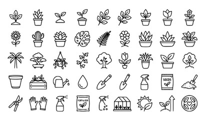 Fototapeta premium Minimalist Plant Care Thin Line Icons with Gardening Nature and Botanical Web Symbols