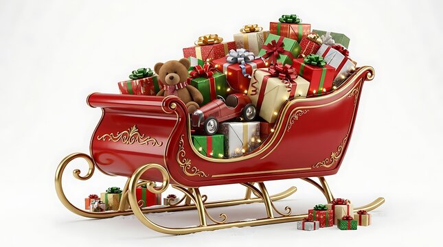 Santa claus sleigh filled with christmas gifts and a teddy bear isolated on white background
