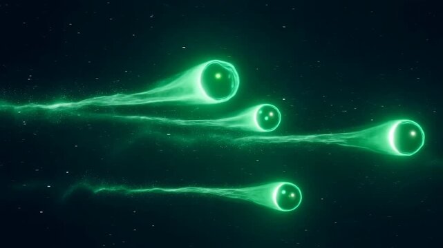 Neon green plasma orbs drifting through dark starfield with luminous gaseous streams, soft halos, fine particle trails, and sleek cosmic contrast across wide horizontal space