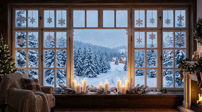 Cozy christmas window view with snowy landscape, candles, and festive decorations