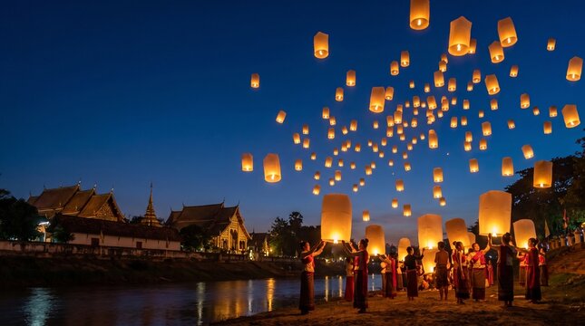 People releasing glowing paper lanterns into the night sky during a traditional Thai festival.