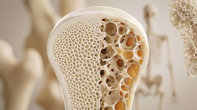 Close-up cross-section of healthy and osteoporotic bone, comparing dense cancellous bone structure with fragile porous bone in medical science and healthcare research.