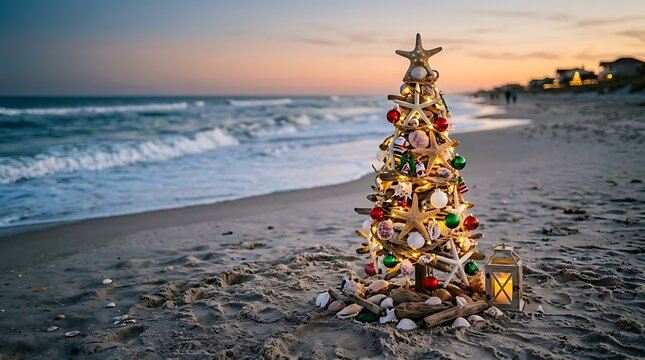 A beautiful christmas tree made of driftwood and seashells decorated with ornaments and lights standing on a sandy beach at sunset by the ocean