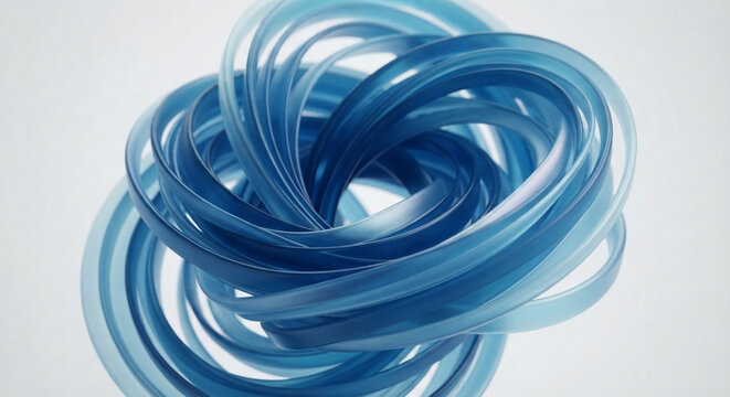 Abstract blue glass rings forming a swirling vortex shape on a white background
